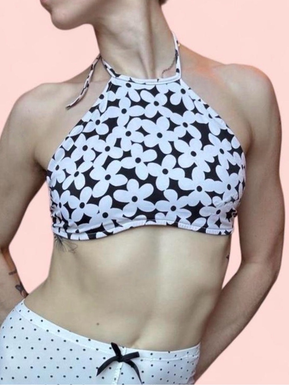 Guess Black and White Floral Halter Bikini Top